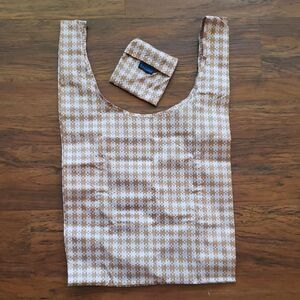BAGGU Tan and Pink Houndstooth Reusable Tote New Chic Preppy Retro Boho